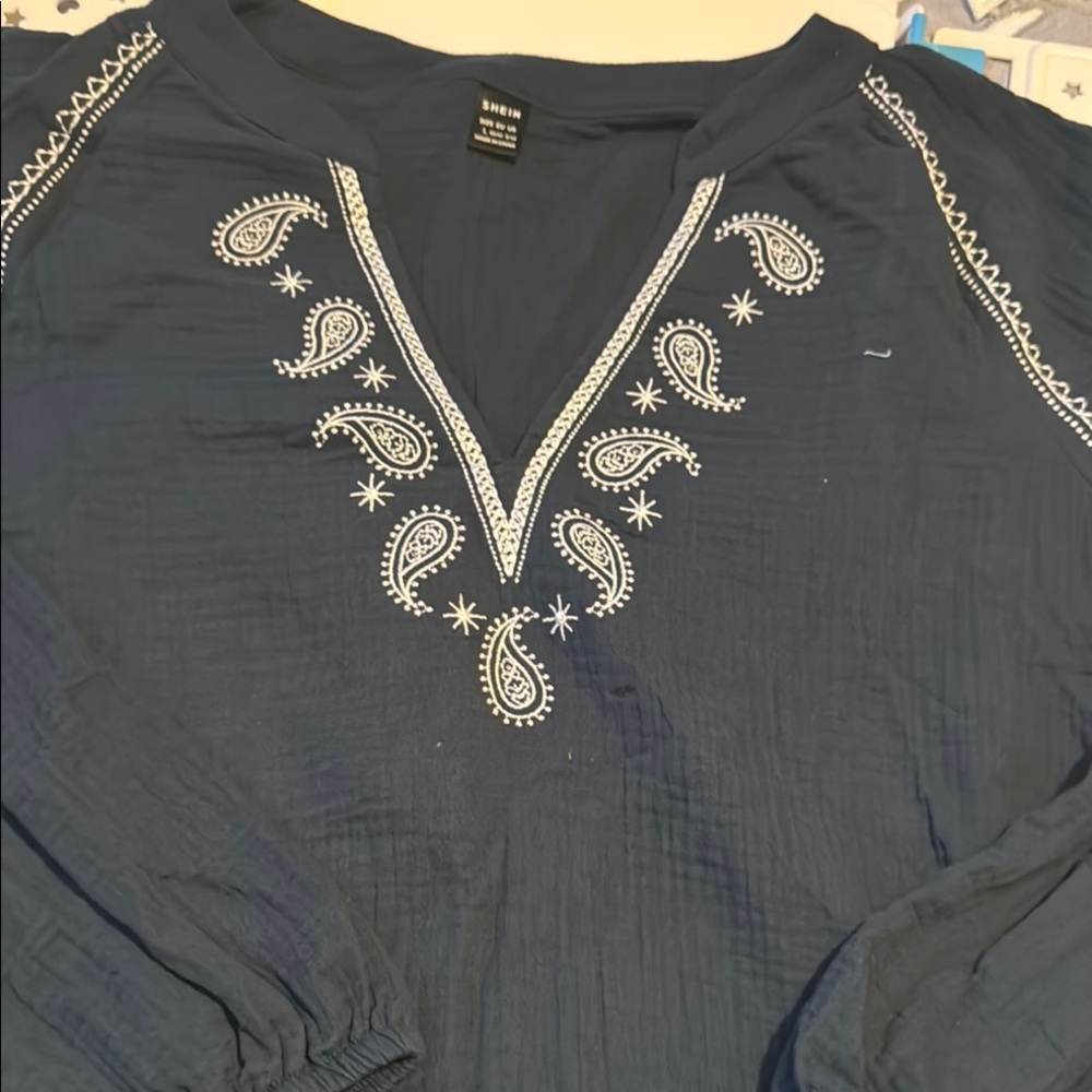 Blue Embellished 3/4 Sleeve Tunic